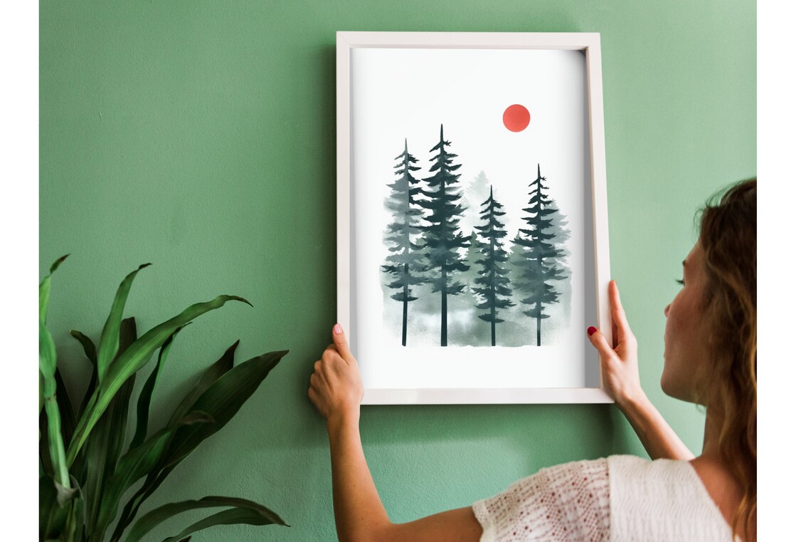 Watercolor Pine Trees Red Sun Evergreen Forest Minimalist Art Poster - Image 2