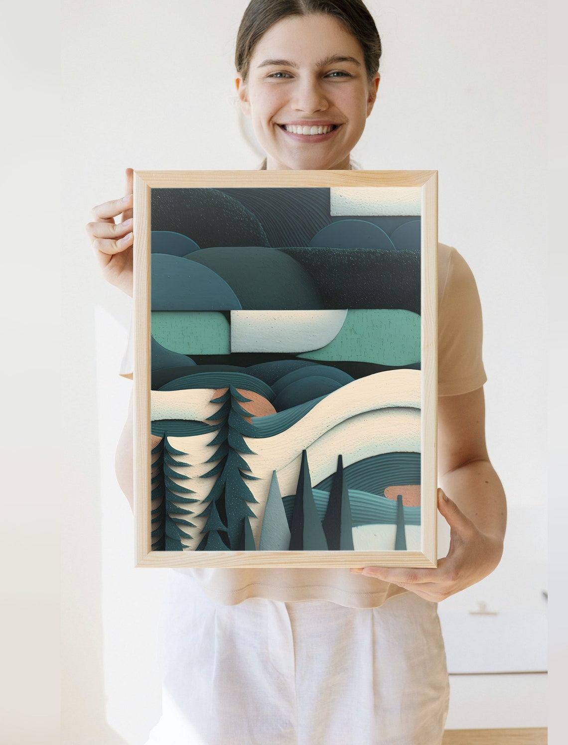 Abstract Night Pine Forest Stars Teal Layered Modern Art Poster