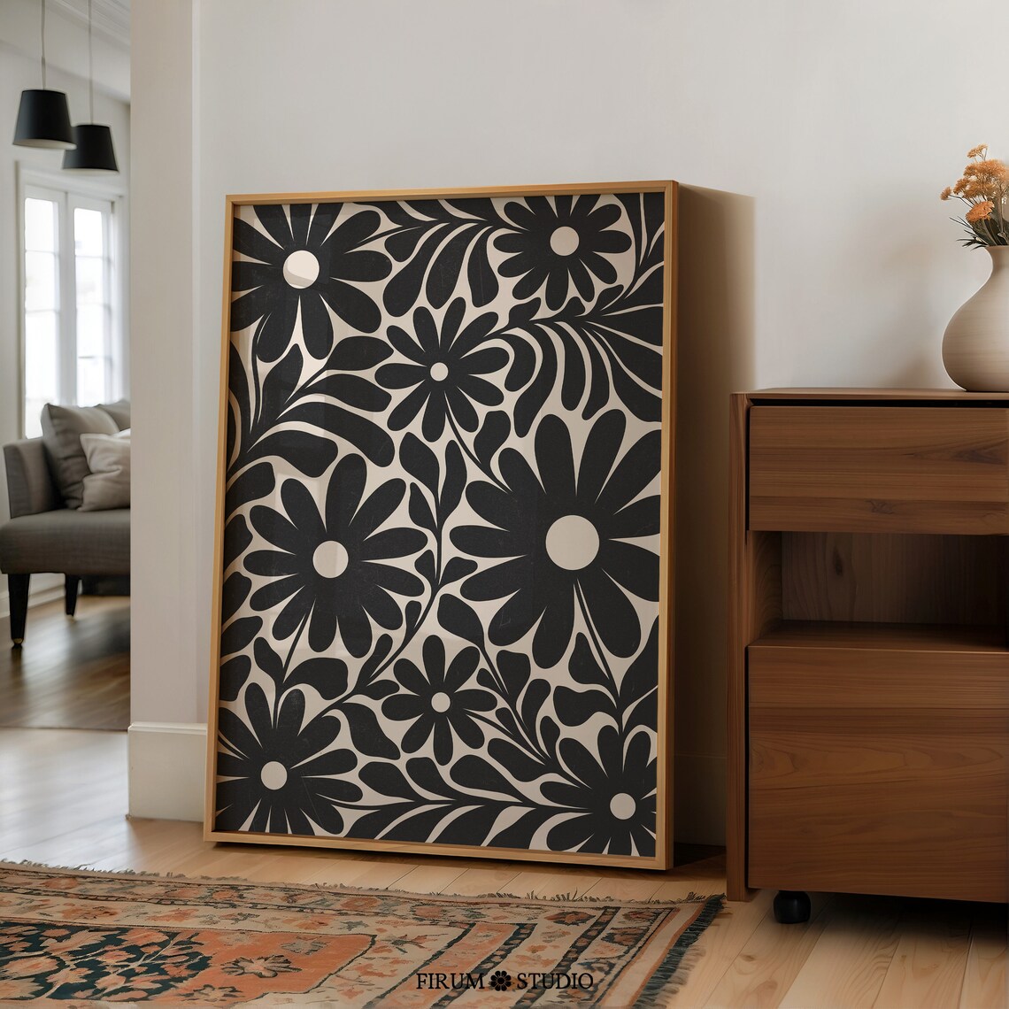 Beige Black Daises Art Print, Neutral Boho Botanical