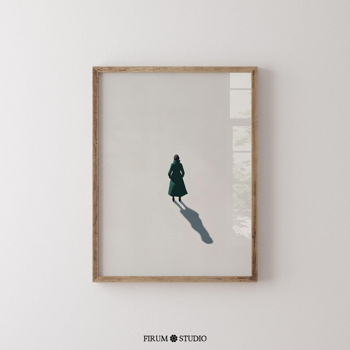 Lone Woman Green Coat Long Shadow Minimal Moody Beige Poster - Image 2