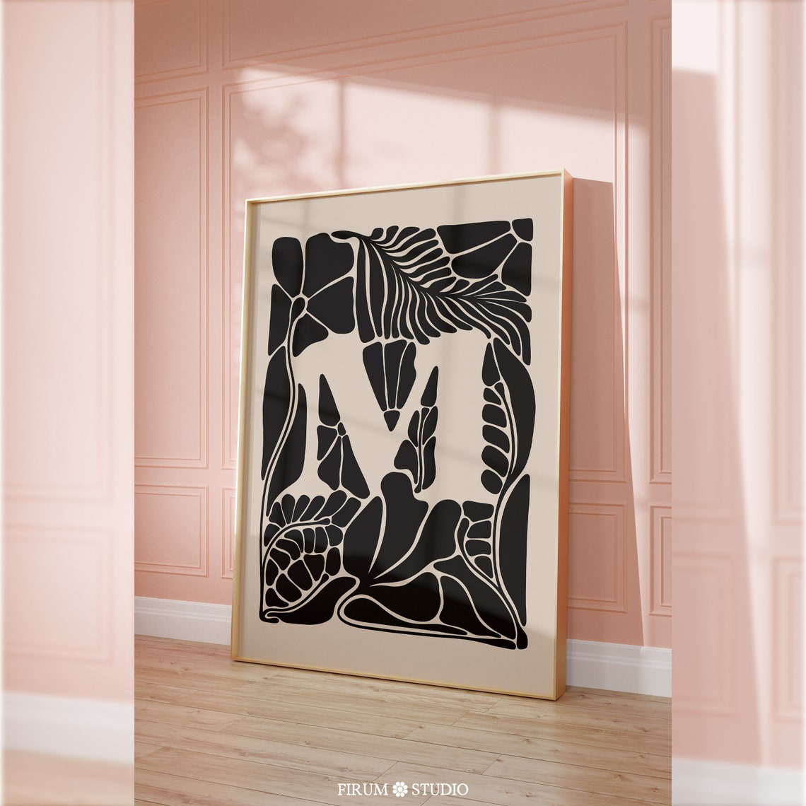 Letter M Botanical Monogram Black Floral Initial Art Nouveau Poster