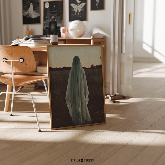 Mysterious Veiled Figure Standing In Dark Field Gothic Photography Print