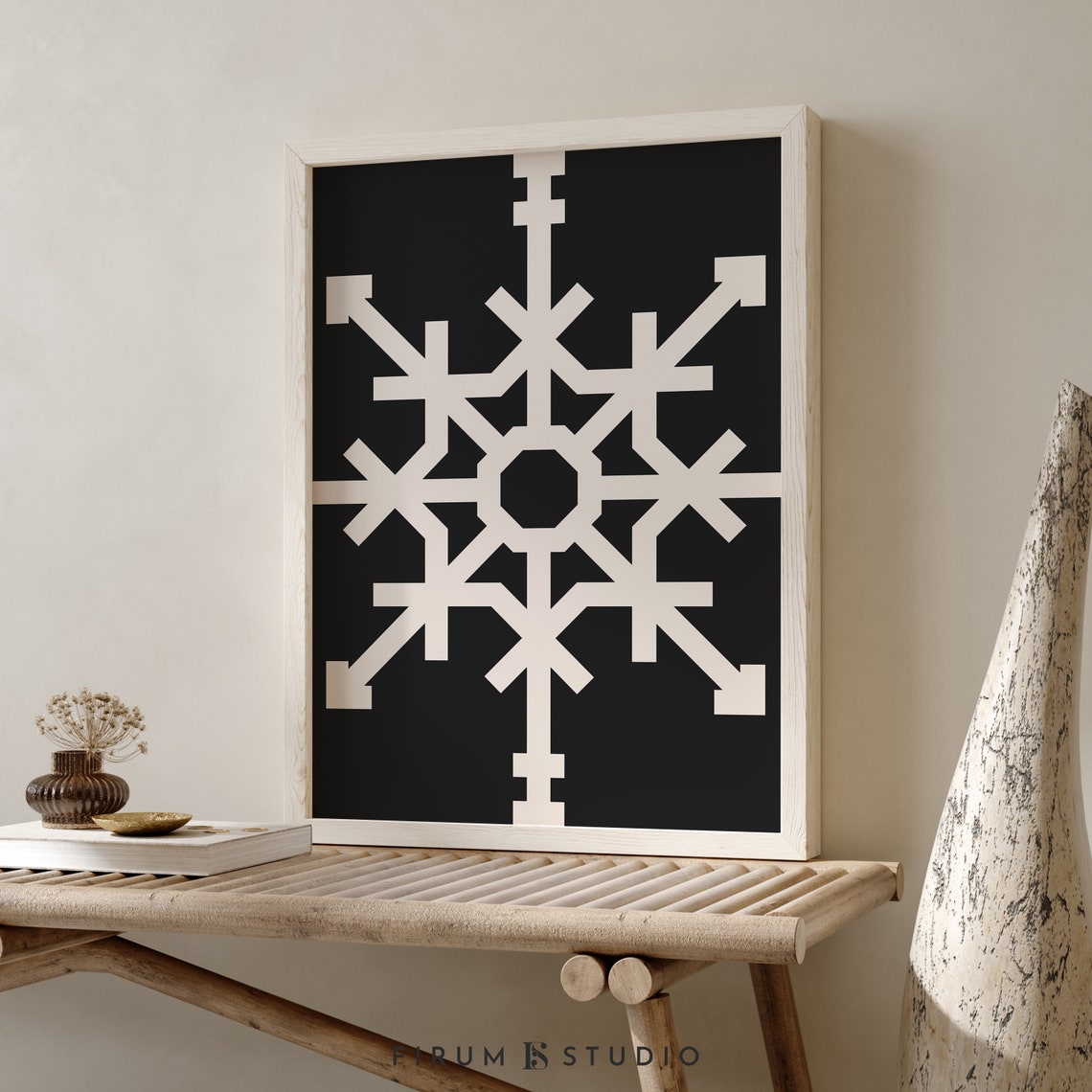 White Geometric Snowflake on Black Minimalist Christmas Art Poster - Image 2