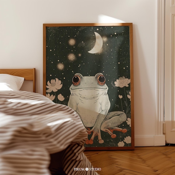 Cute Frog With Big Amber Eyes Under Starry Night Moonlight Wall Art