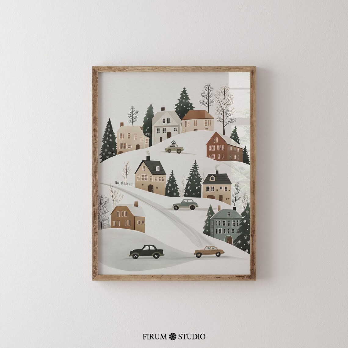 Retro Christmas Village Snowy Winter Town Vintage Cars Wall Art - Image 2