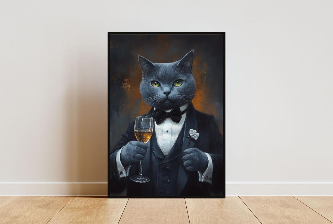 Russian Blue In Tuxedo Holding White Wine Glass Gray Cat Portrait Poster