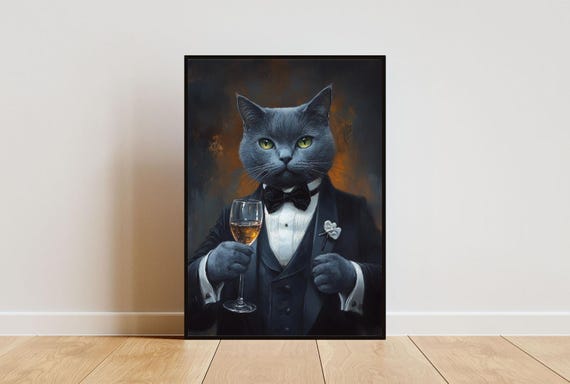 Russian Blue In Tuxedo Poster Poster Russian Blue In Suit Print Russian Blue Portrait Funny Russian Blue Art Funny Pet Print Cat Print