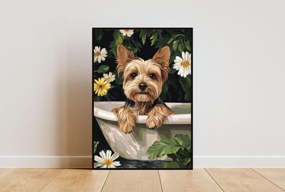 Yorkshire Terrier In Bathtub Poster Funny Dog Poster Yorkshire Terrier Bathroom Print Yorkie Bath Poster Dog Bathroom Wall Art Pet Art