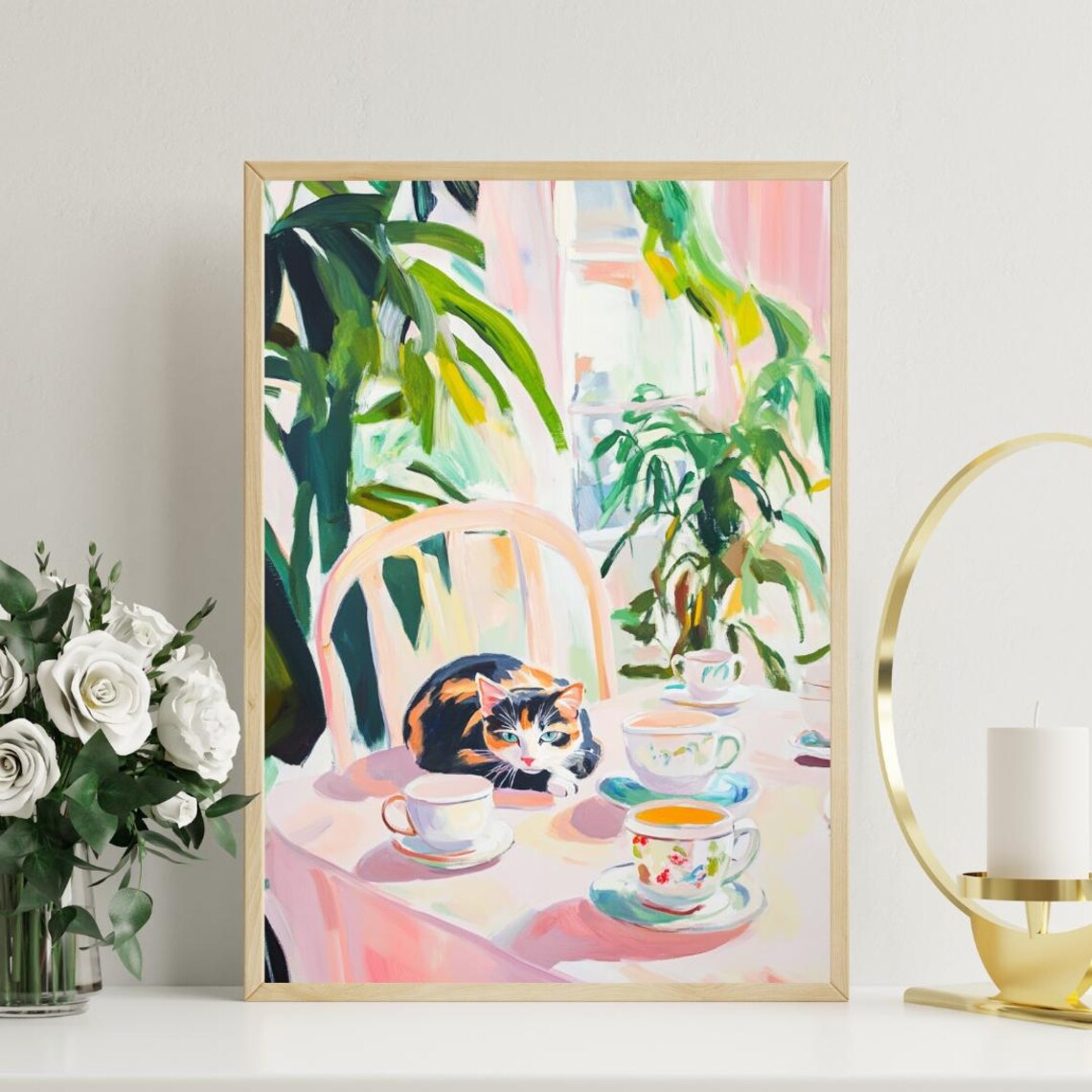 Retro Tortoiseshell Cat Oil Painting Art Print - Image 3