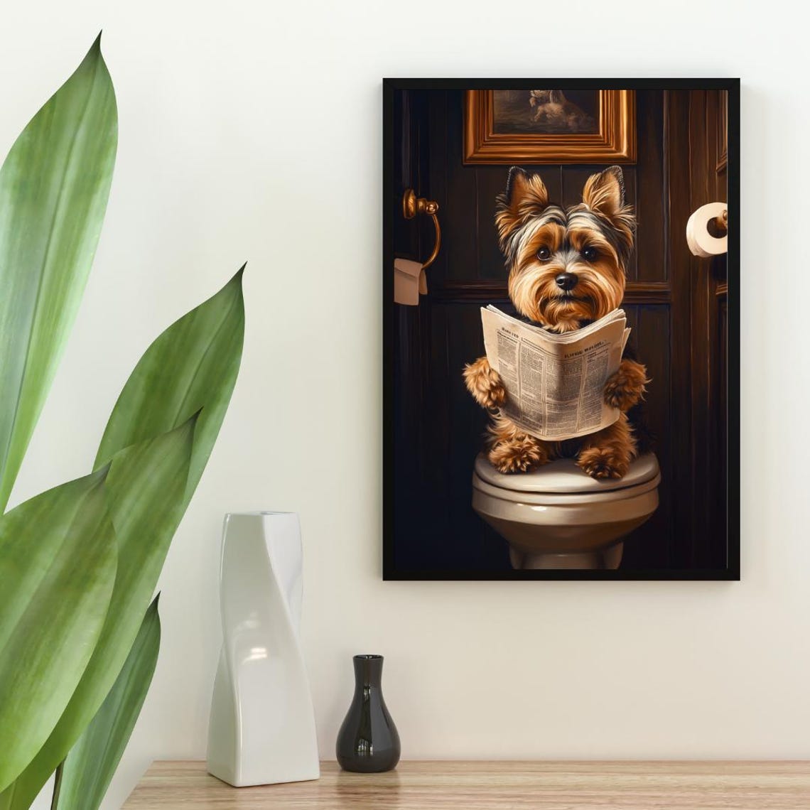 Biewer Terrier on a Toilet Reading a Newspaper in a Bathroom Poster - Image 2