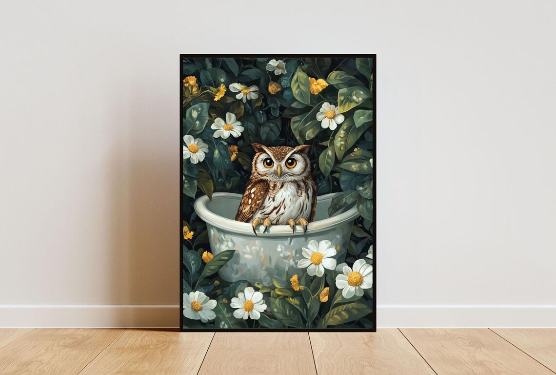 Owl In Bathtub Funny Animal Bathroom Art Print