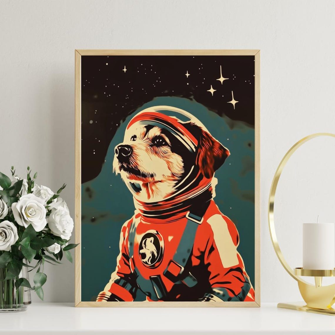 Small Dog Astronaut Vintage Retro Planet Starry Space Art Poster - Image 3