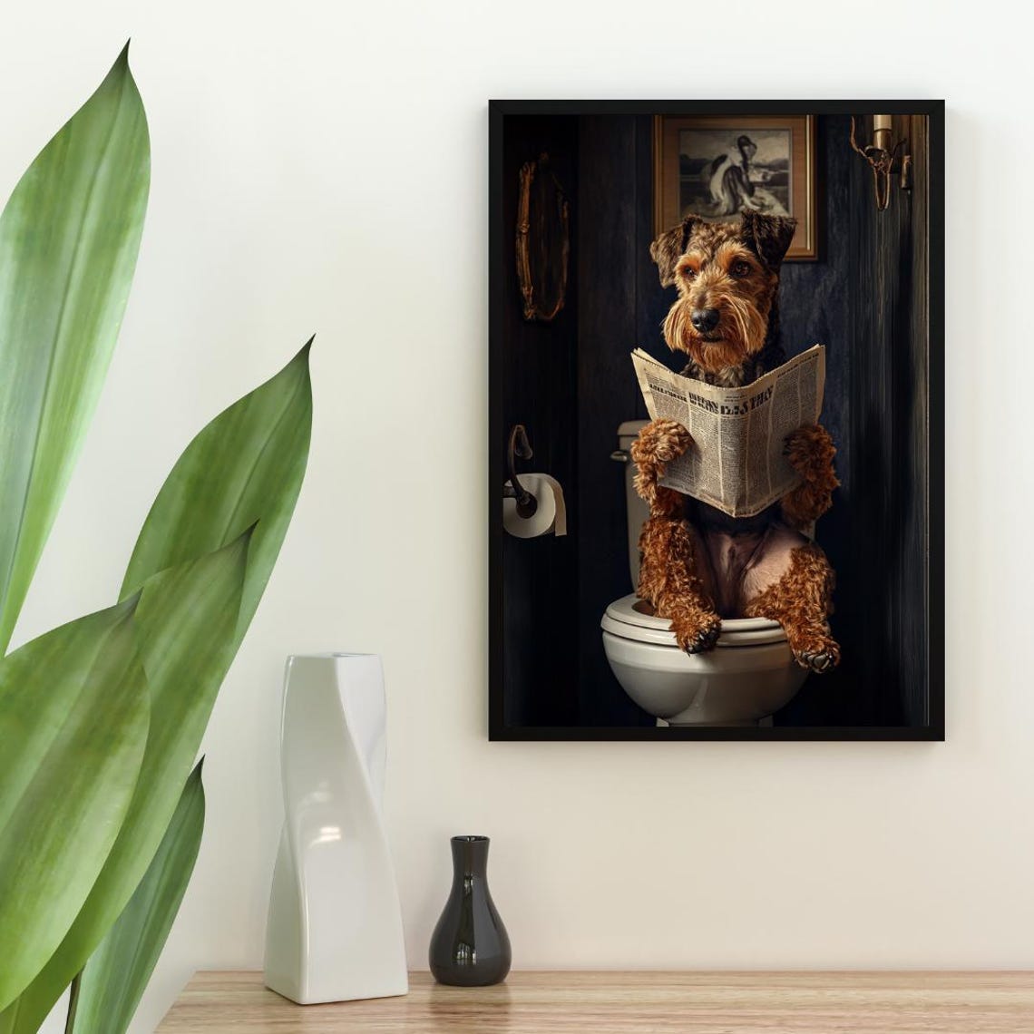 Airedale Terrier Reading Newspaper On Toilet Bathroom Art Poster - Image 2