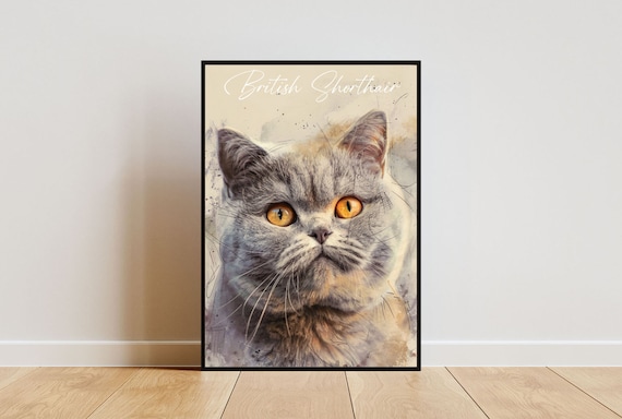 British Shorthair Cat Watercolor Portrait Golden Eyes Poster