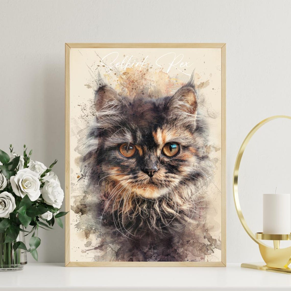 Selkirk Rex Cat Watercolor Portrait Soft Elegant Fine Art Poster - Image 3