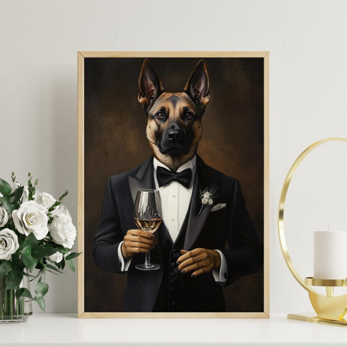 Belgian Malinois In Tuxedo Holding White Wine Formal Dog Portrait Poster - Image 3