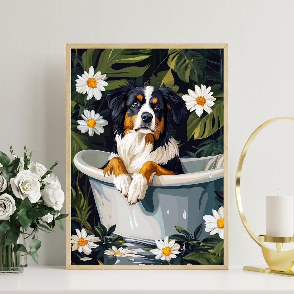 Australian Shepherd in Bathtub Tricolor Dog Bathroom Floral Poster - Image 3