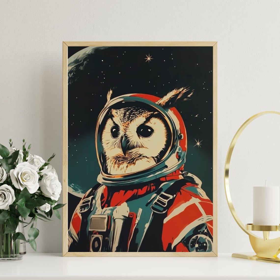 Owl Astronaut Vintage Retro Planet Starry Space Portrait Poster - Image 3