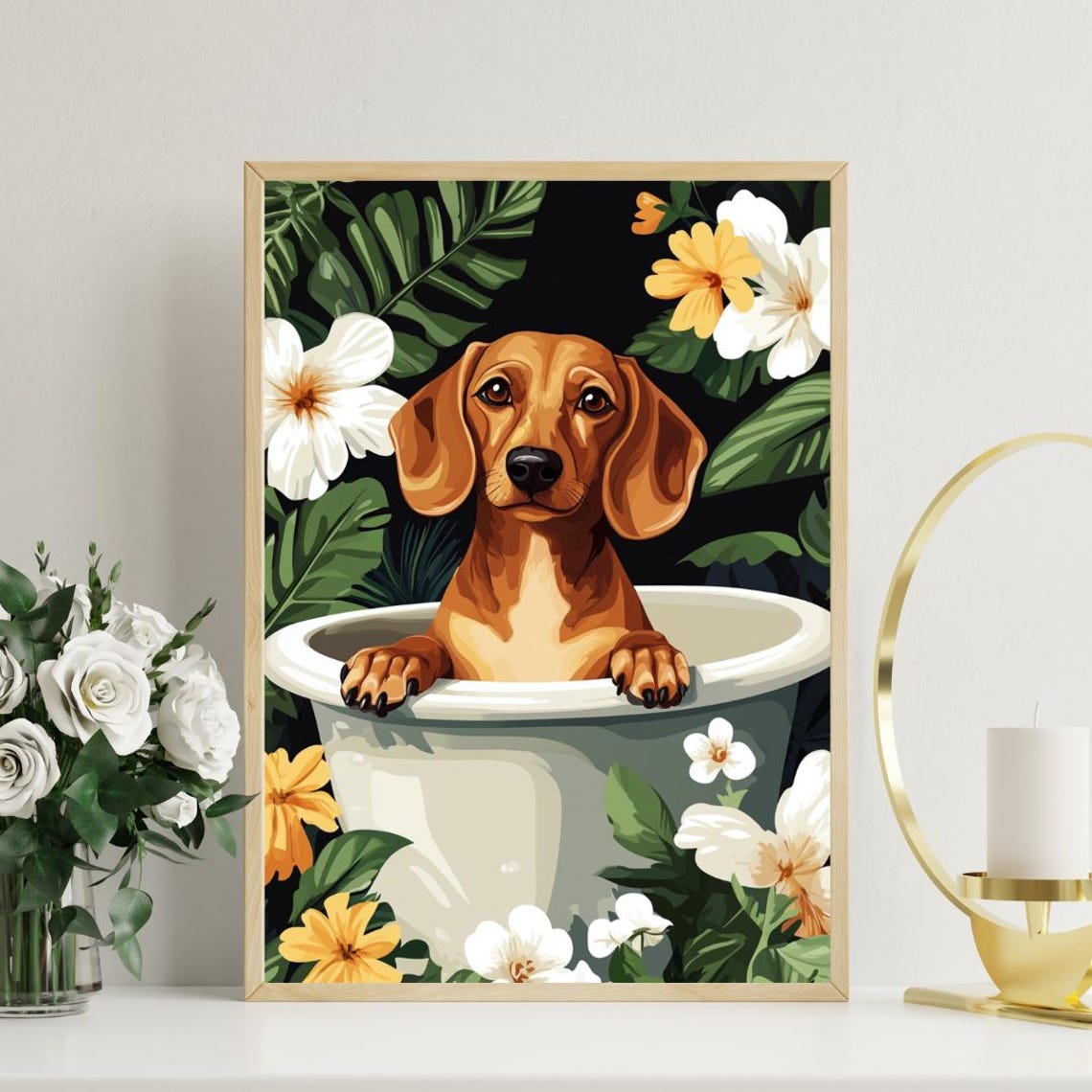 Dachshund in Bathtub Brown Puppy Bathroom Tropical Floral Art Poster - Image 3
