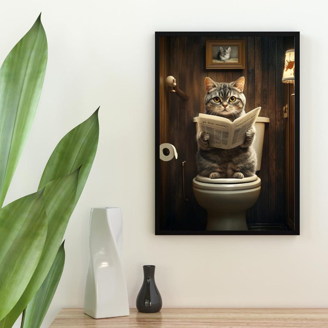 Scottish Fold Cat on a Toilet Reading a Newspaper in a Bathroom Poster - Image 2
