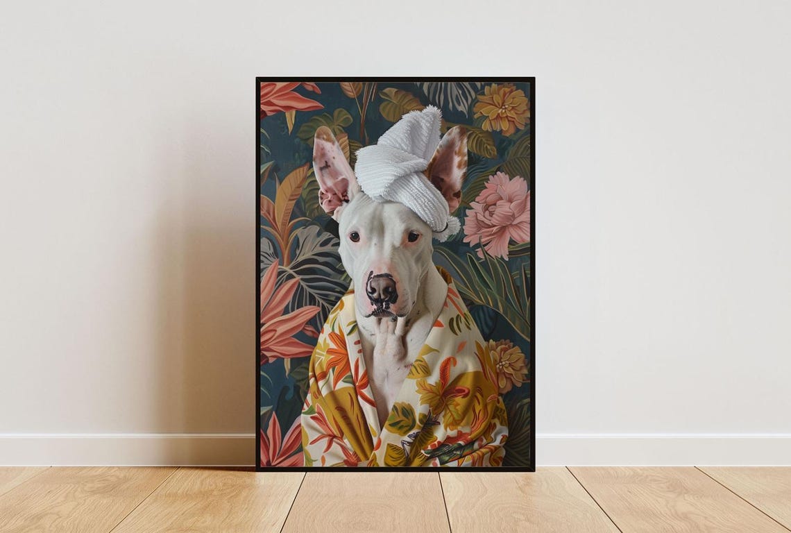 Bull Terrier In Bathrobe Spa Day Portrait Funny White Dog Poster