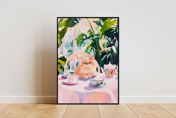 Exotic Shorthair Cat Tea Party Fluffy Cream Oil Painting Poster