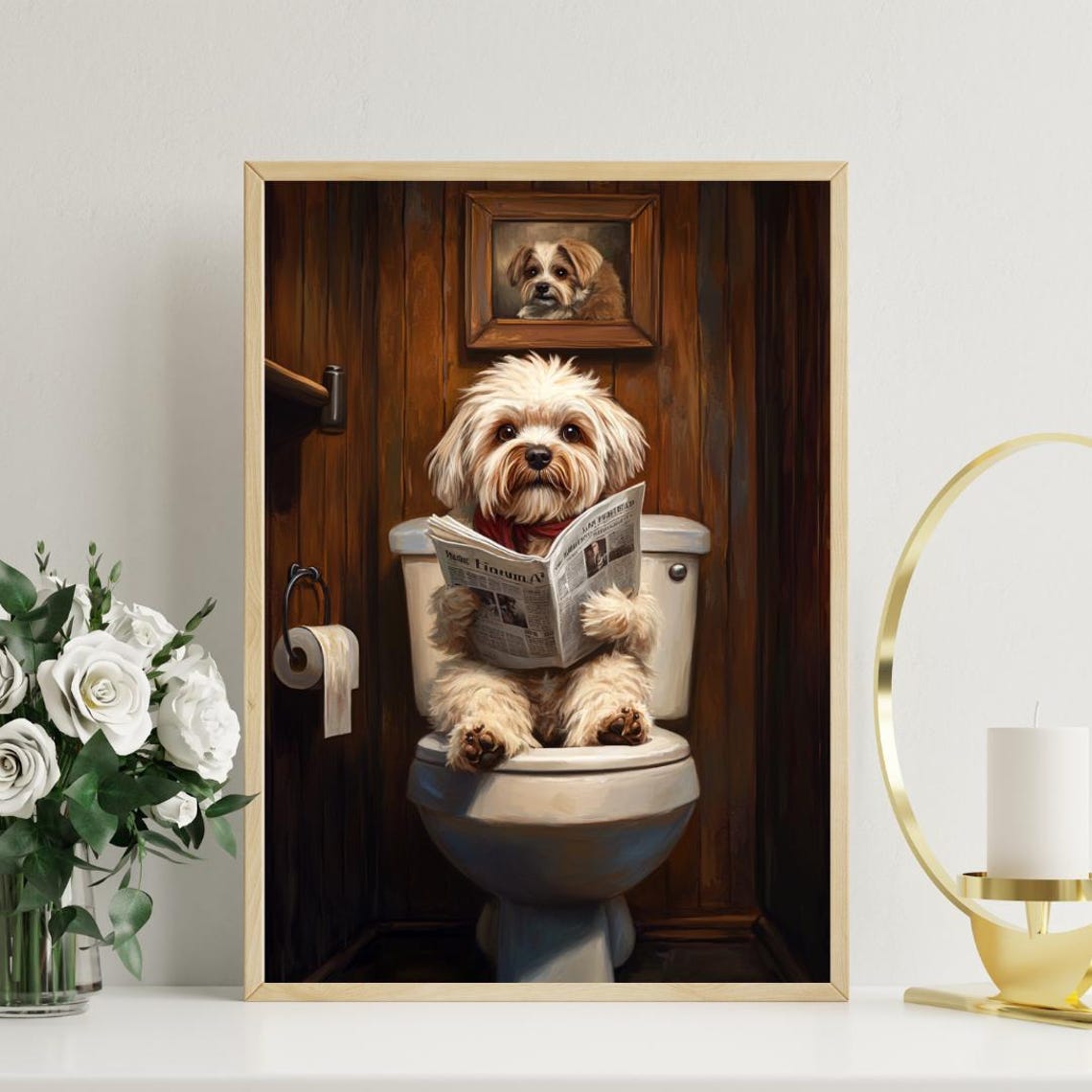 Lhasa Apso on a Toilet Reading a Newspaper in a Rustic Bathroom Poster - Image 3
