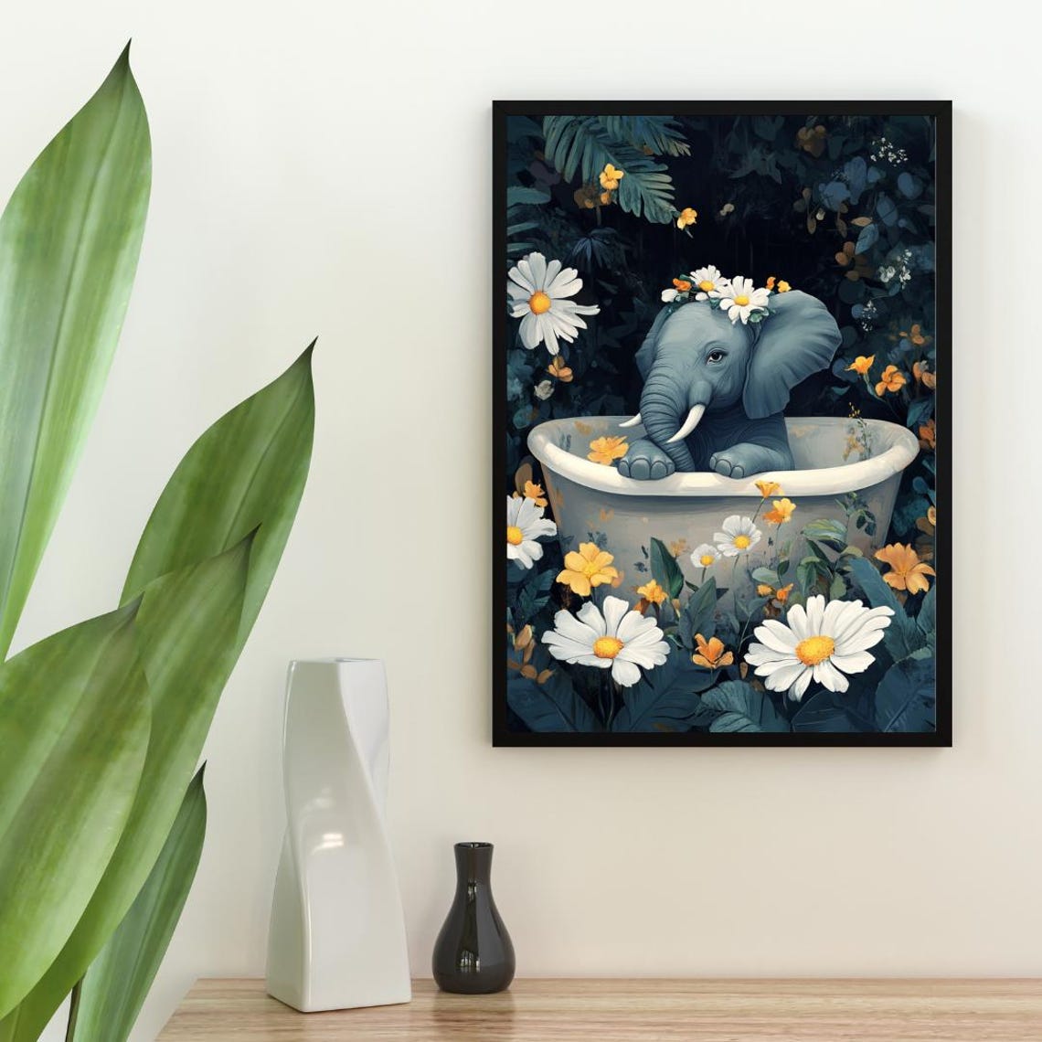 Baby Elephant Bathtub Daisy Crown Botanical Dark Art Vintage Poster - Image 2