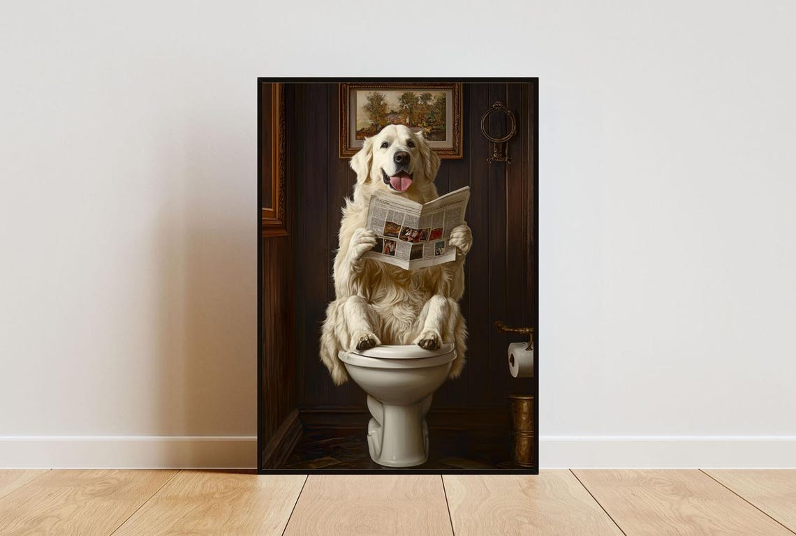 Great Pyrenees On Toilet Reading Newspaper Funny Bathroom Poster