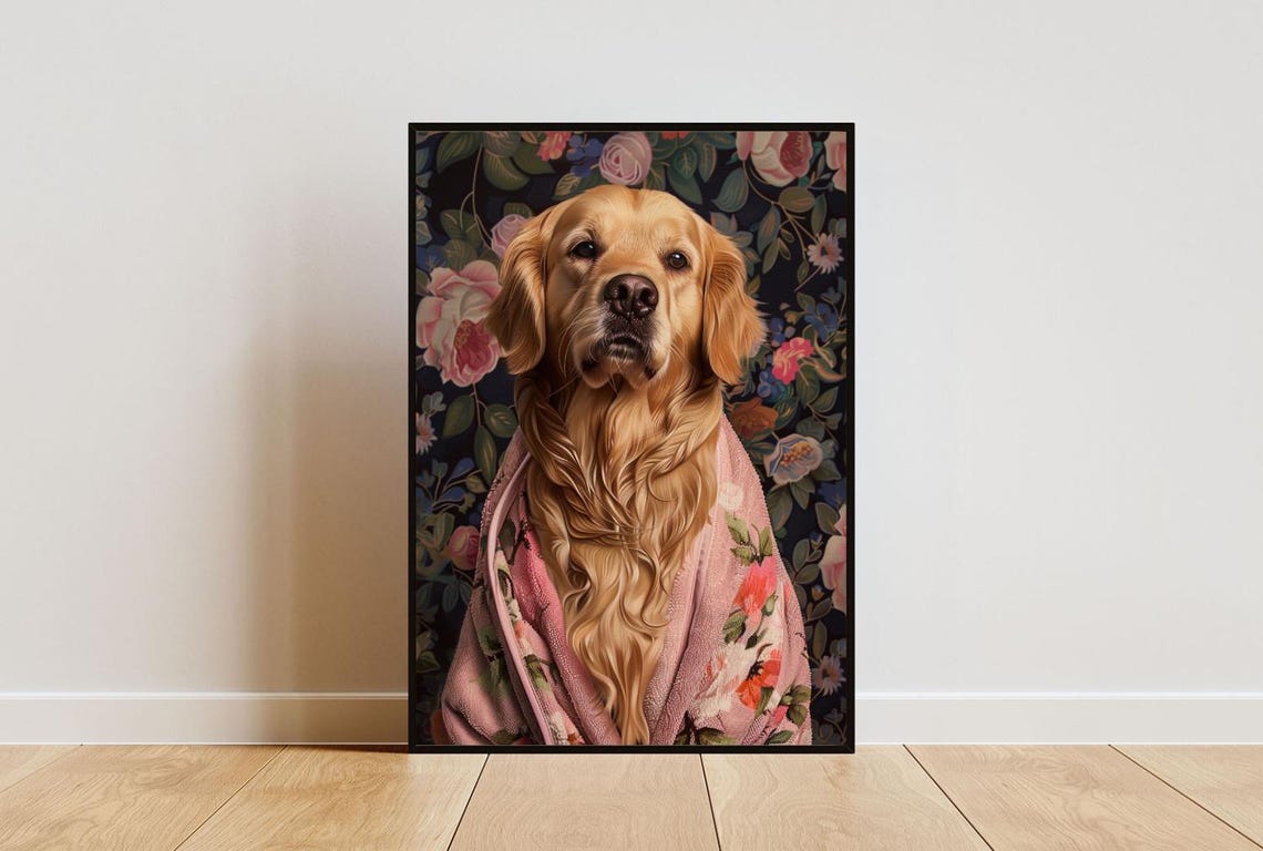 Golden Retriever In Bathrobe Poster Dog Poster Golden Retriever Bathroom Print Dog Wall Art Golden Retriever Portrait Pet Poster Dog
