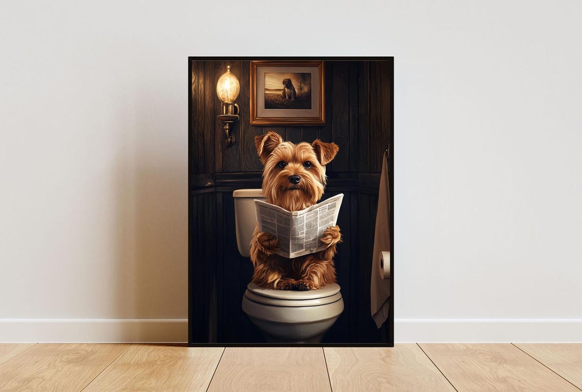 Yorkshire Terrier On Toilet Poster Dog Poster Yorkshire Terrier Bathroom Print Dog Toilet Wall Art Yorkie Portrait Dog Bathroom Poster
