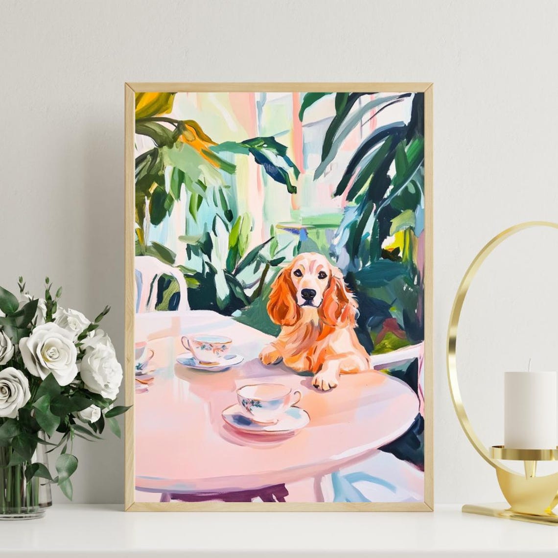 English Cocker Spaniel Tea Party Pastel Oil Painting Style Poster - Image 3