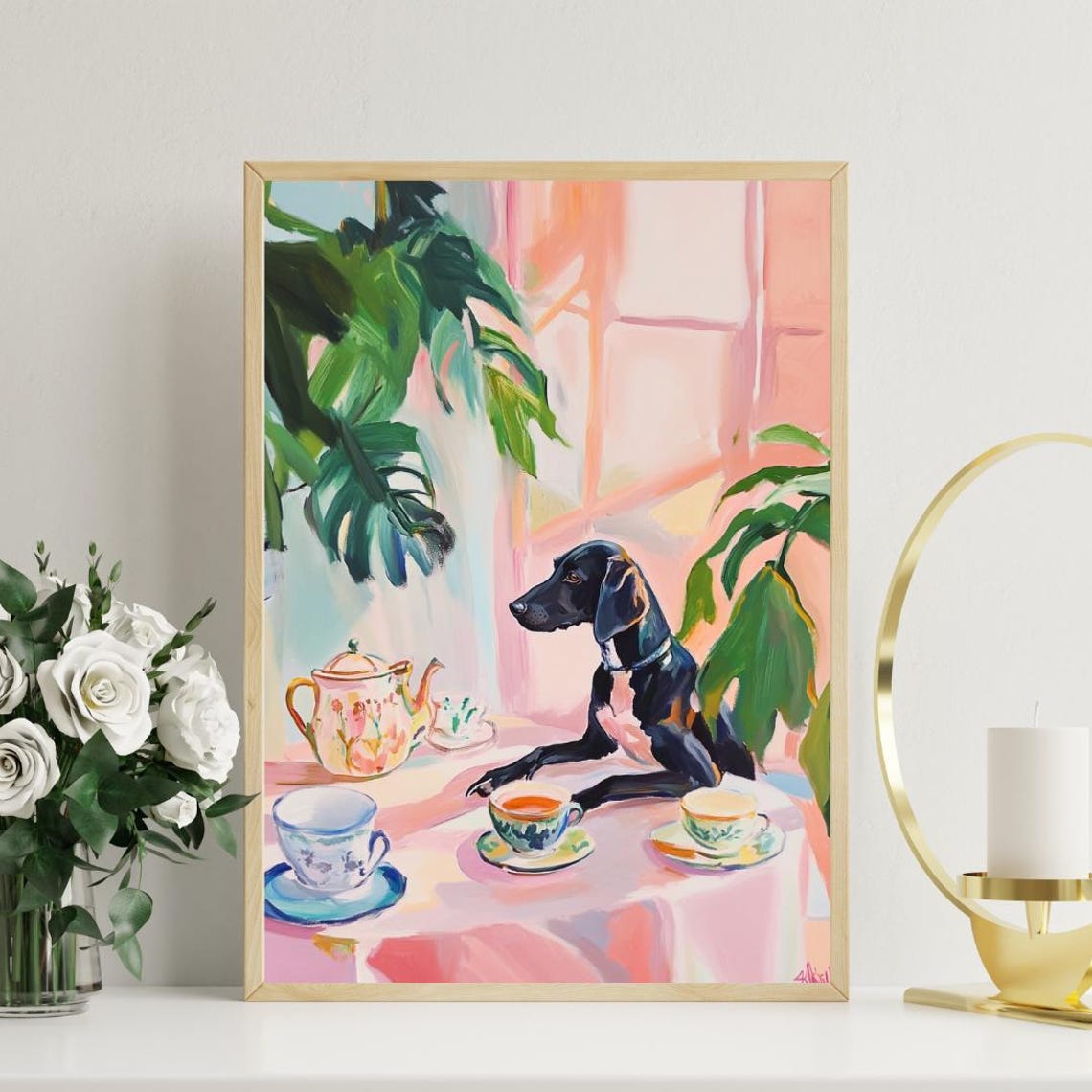 German Shorthaired Pointer Tea Party Pastel Painting Style Poster - Image 3