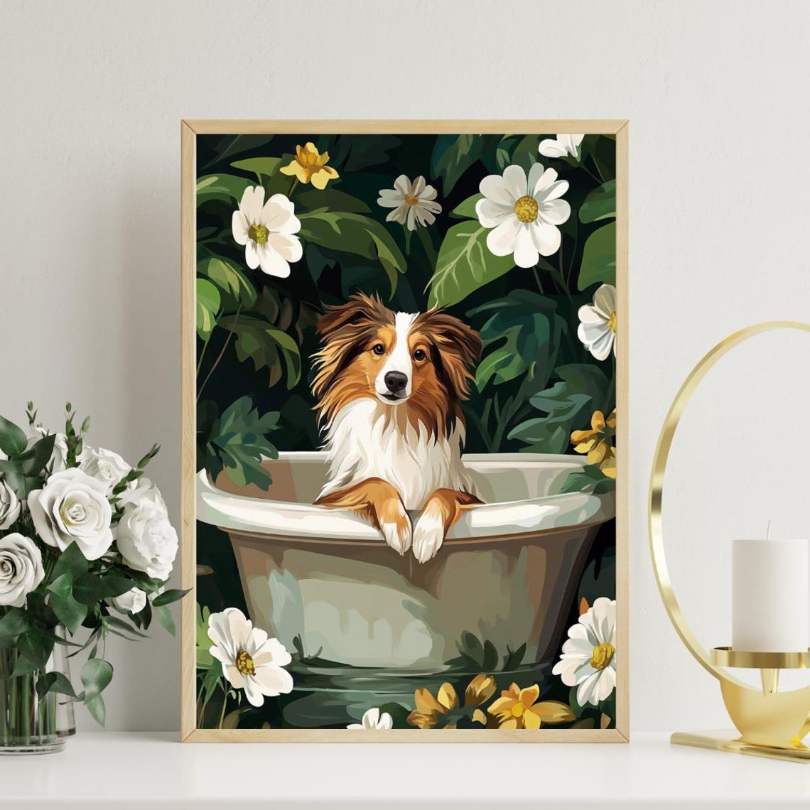 Shetland Sheepdog in Bathtub Fluffy Dog Bathroom Floral Art Poster - Image 3