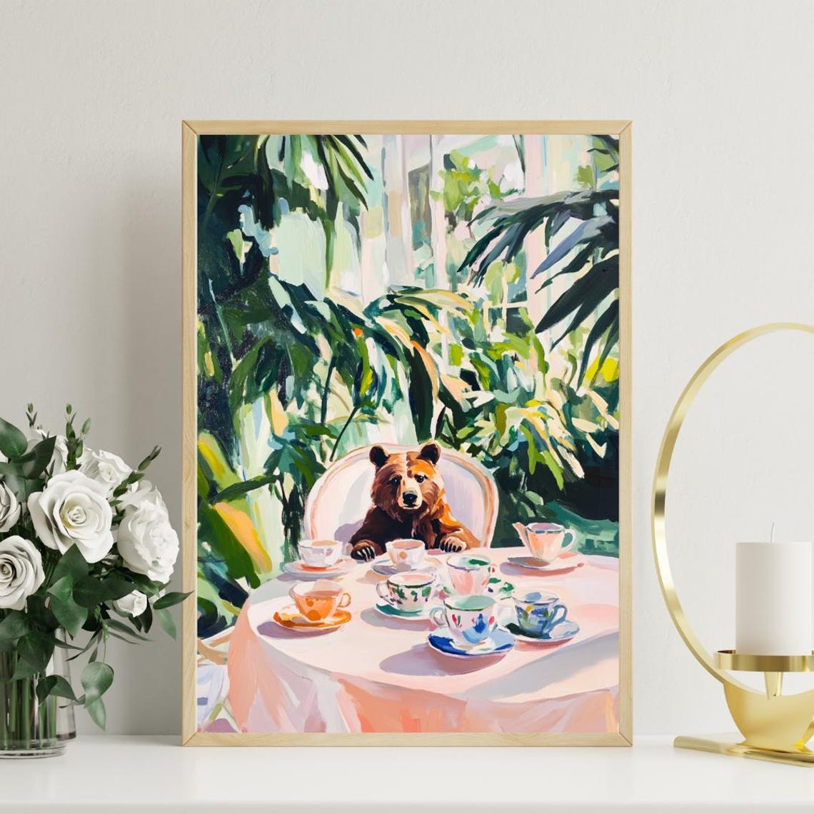 Brown Bear at Tea Table Whimsical Wildlife Painting Portrait Poster - Image 3