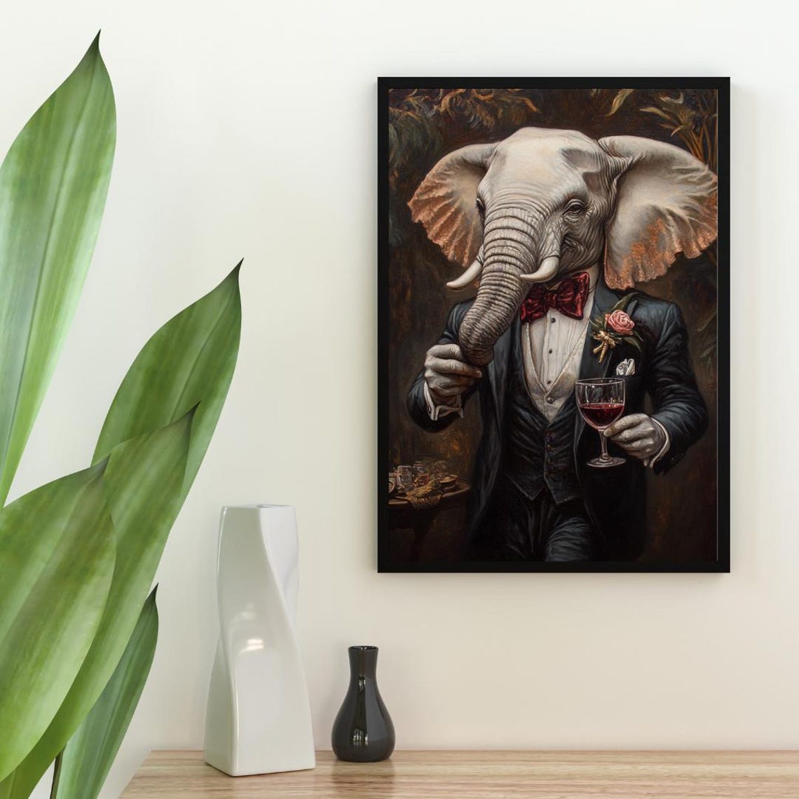 Elephant in Tuxedo Red Bow Tie Wine Glass Vintage Oil Painting Poster - Image 2