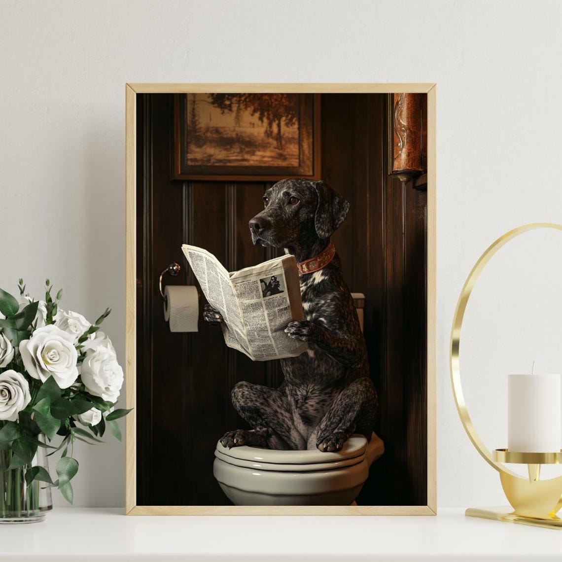 German Shorthaired Pointer On Toilet Reading Newspaper Bathroom Poster - Image 3