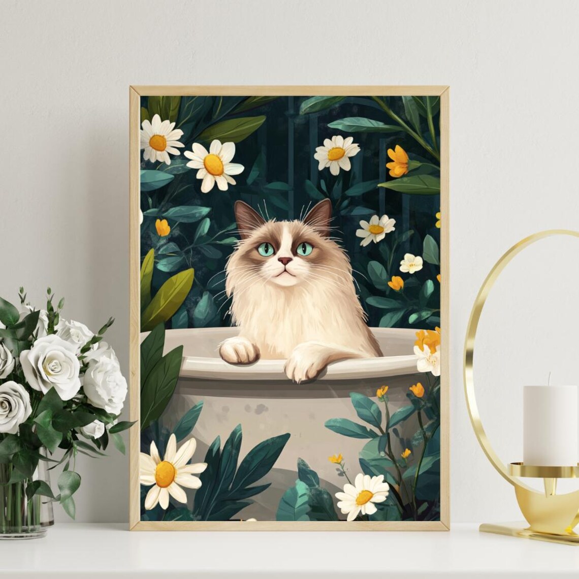 Ragdoll Cat in Bathtub Botanical Bathroom Poster Funny Daisy Room Decor - Image 3