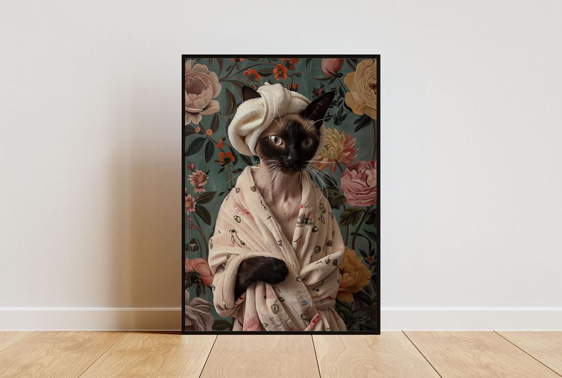 Siamese Cat in Bathrobe Floral Wallpaper Bathroom Art Poster