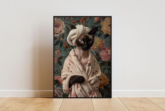 Siamese Cat in Bathrobe Floral Wallpaper Bathroom Art Poster
