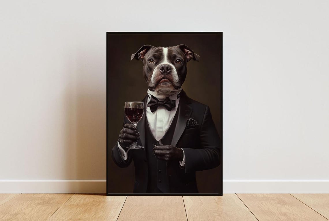 Staffy In Tuxedo Gentleman Dog Portrait Wine Glass Funny Poster