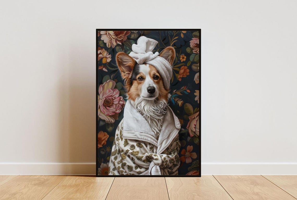 Cardigan Welsh Corgi In Bathrobe Spa Day Funny Dog Wall Poster