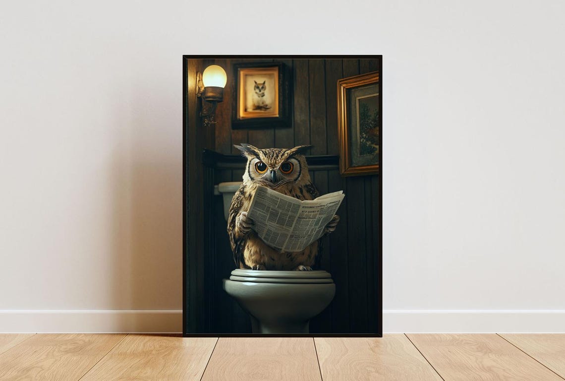 Owl on a Toilet Reading a Newspaper in a Dark Wood Bathroom Poster
