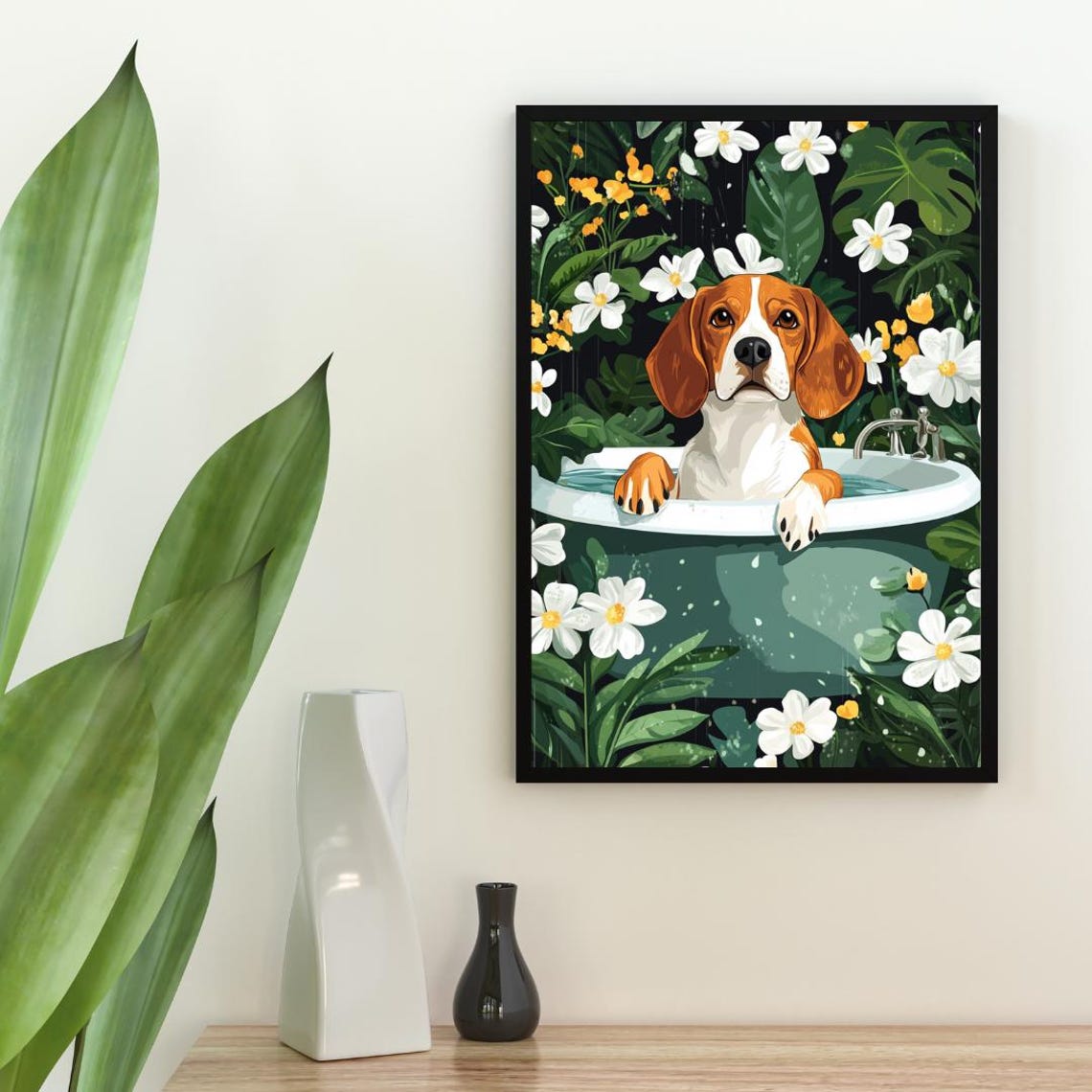 Beagle in Bathtub Cute Puppy Bathroom Splashing Water Floral Poster - Image 2