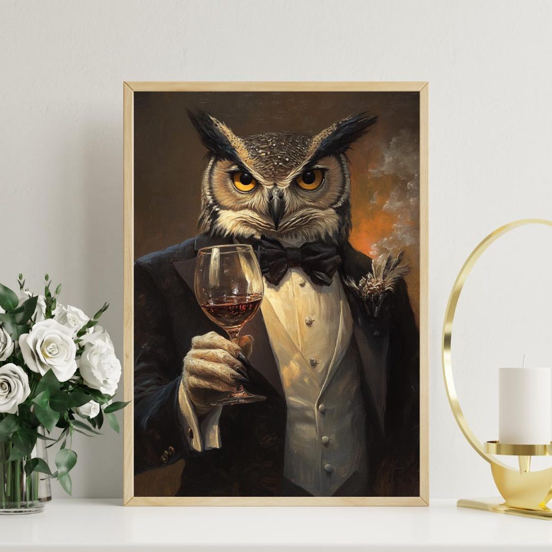 Owl in Tuxedo Holding Wine Glass Dark Academia Oil Painting Poster - Image 3