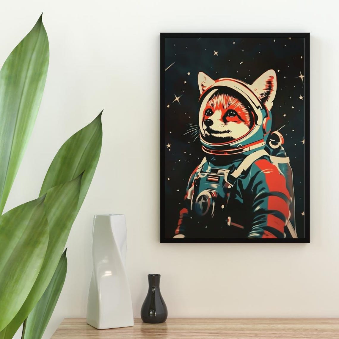 Red Fox Astronaut Vintage Retro Starry Space Portrait Poster - Image 2