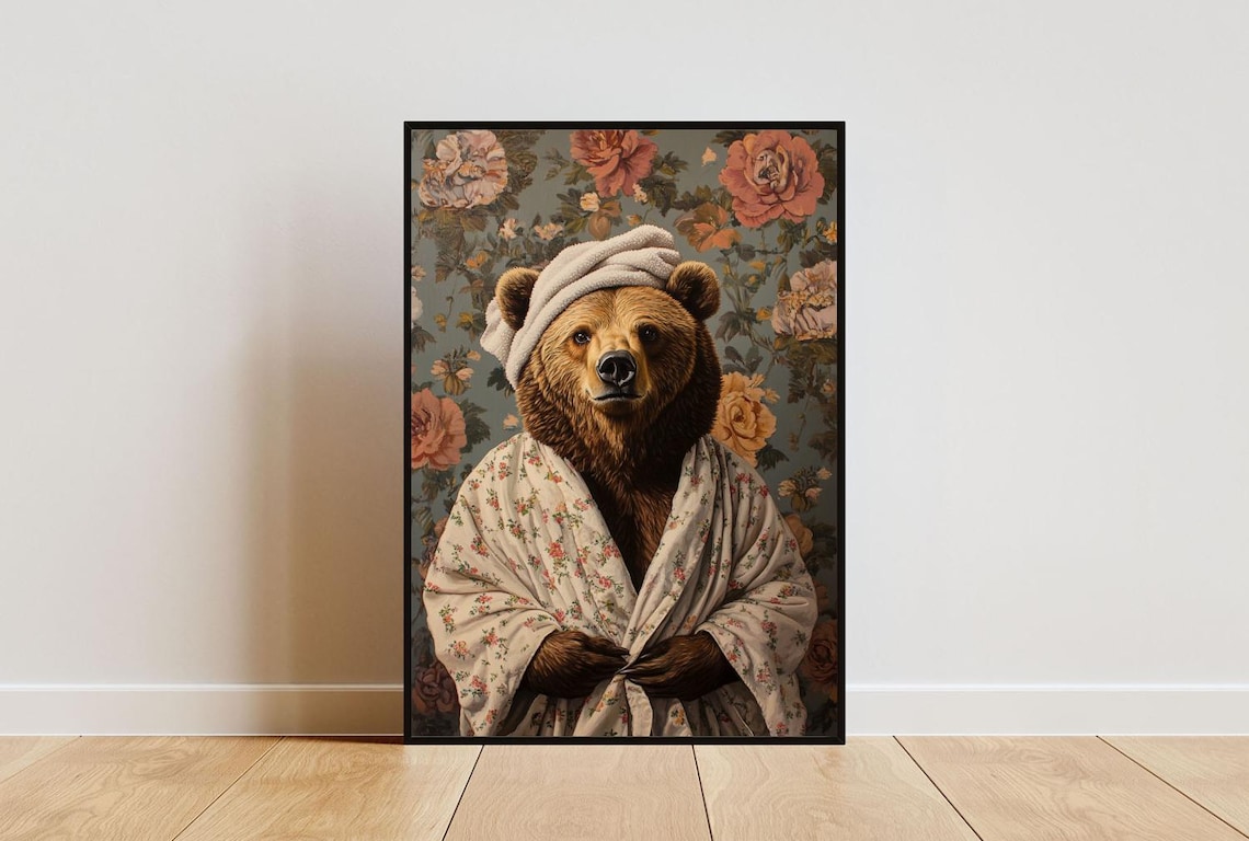 Bear In Bathrobe Poster, Funny Bathroom Wall Art