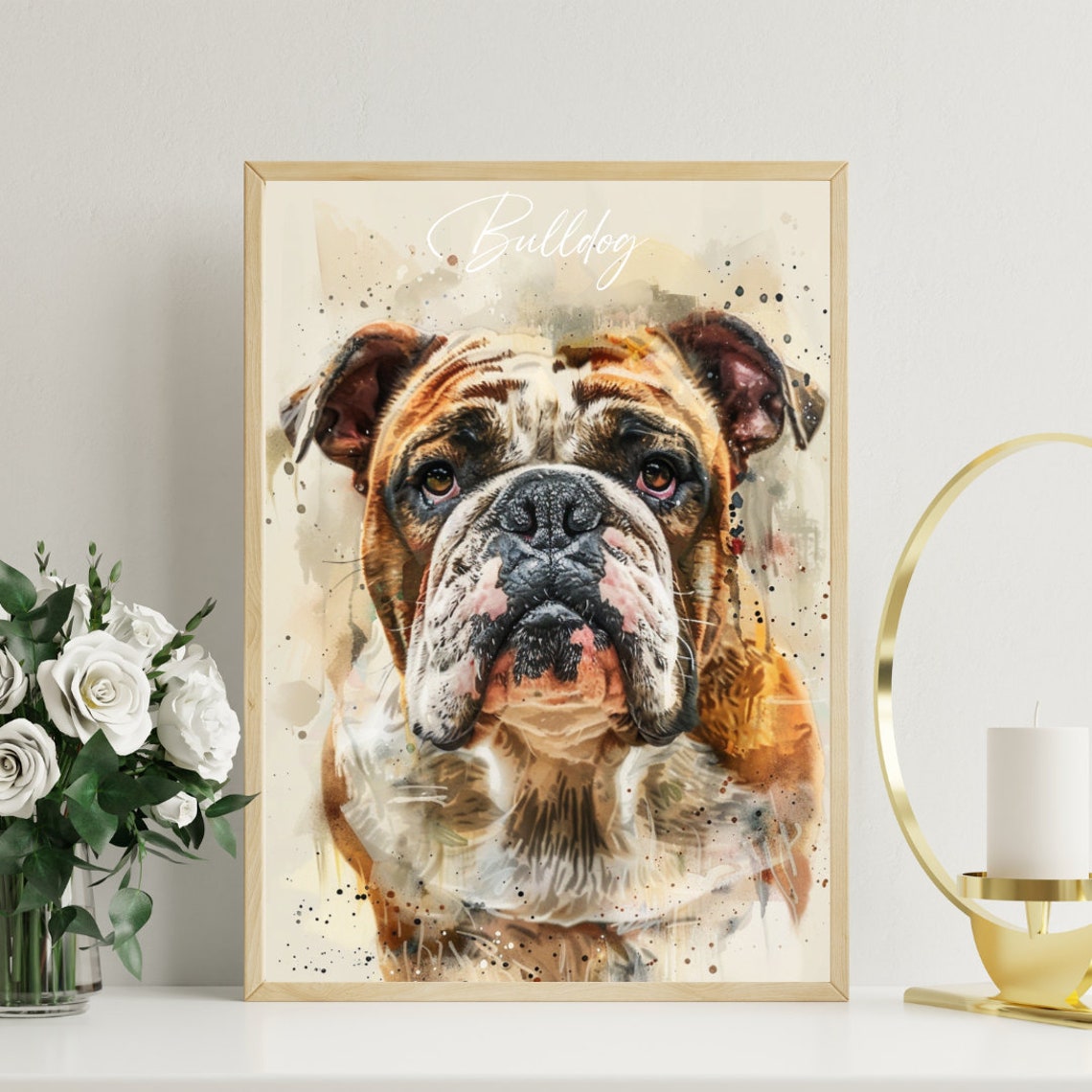 Bulldog Watercolor Dog Breed Portrait Poster Script Name Detail - Image 3