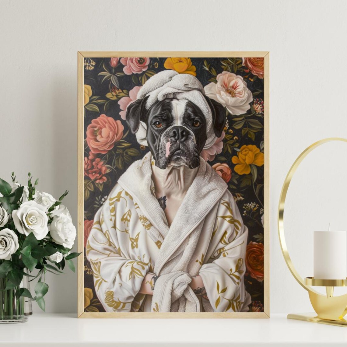 Boxer In Bathrobe Bathroom Dog Portrait Art Print - Image 3