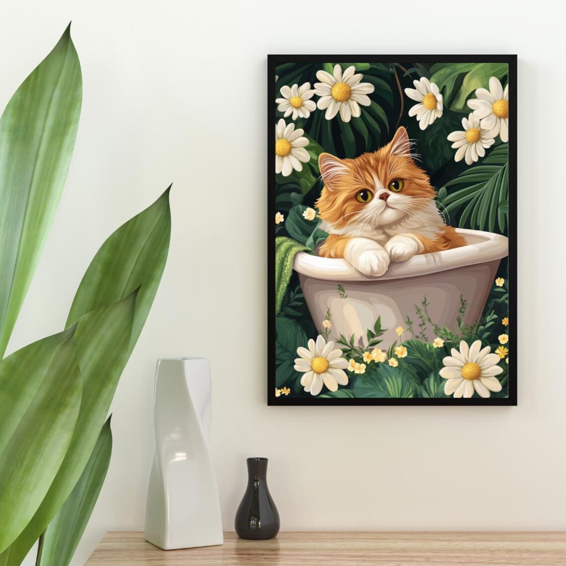 Persian Cat in Bathtub Botanical Bathroom Poster Funny Fluffy Room Decor - Image 2